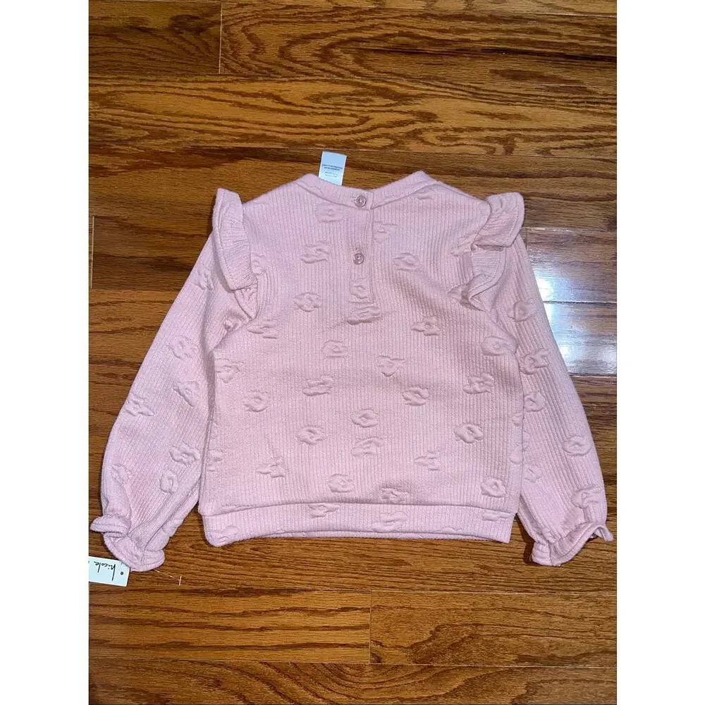 NWT Nicole Miller Girls Pale Mauve Pink Floral Ribbed Ruffle Fleece Top Size 4T